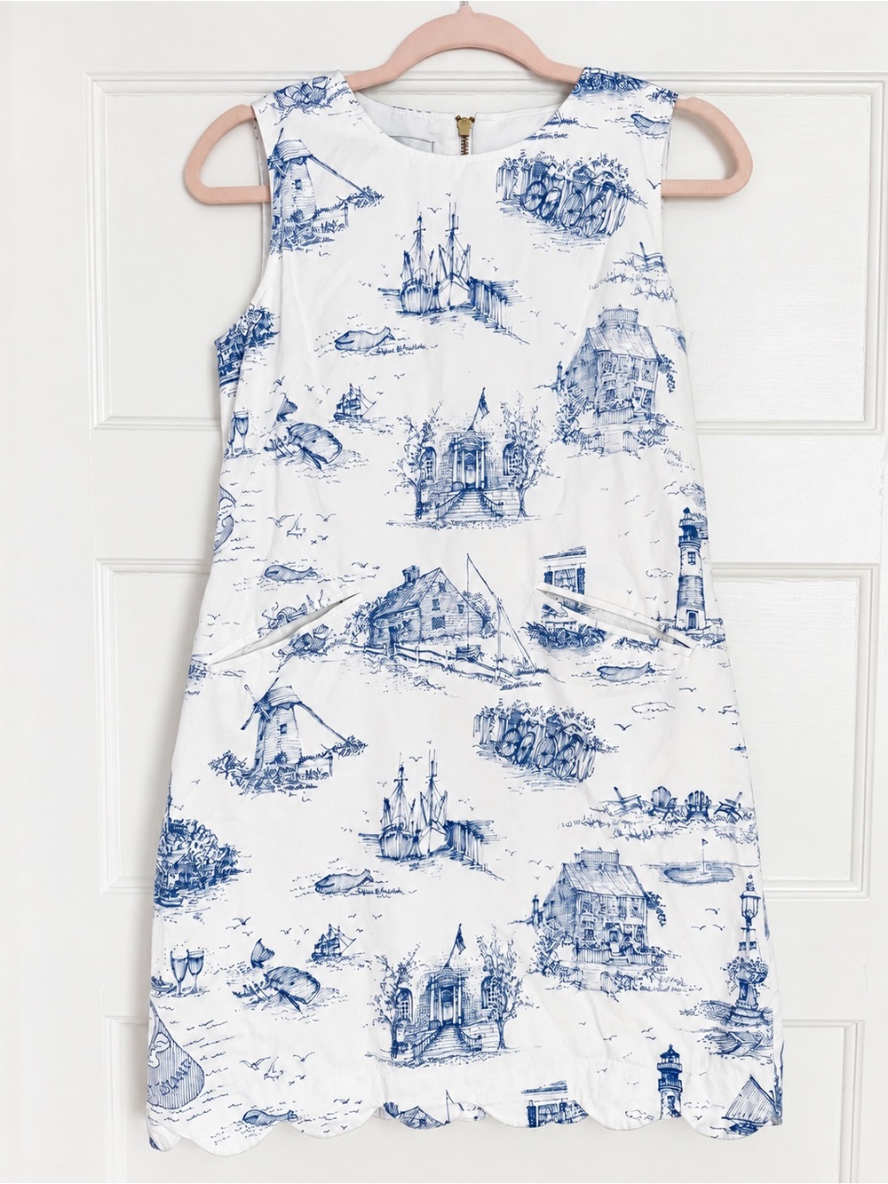 Sara Campbell Blue White Coastal Toile Shift Dress XS Scallop Hem Made USA